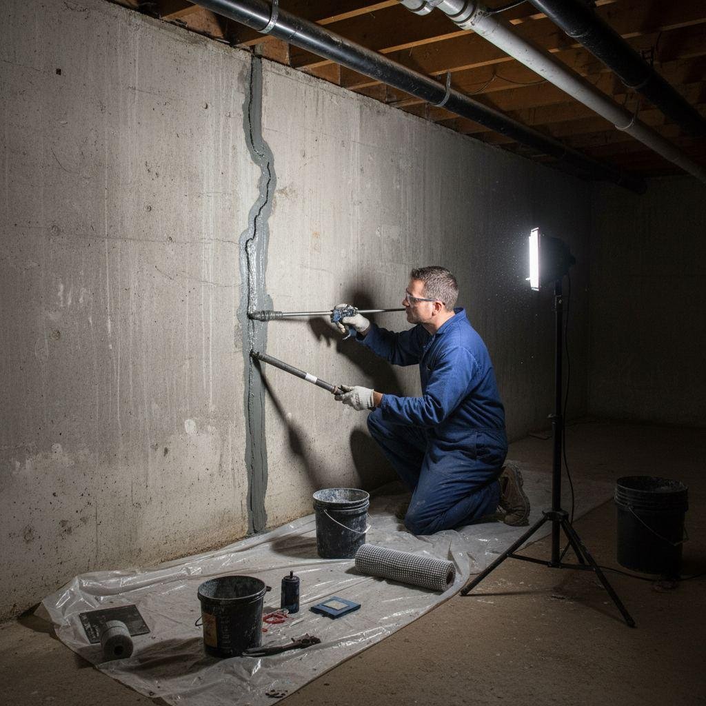 Vertical crack injection repair on a concrete wall